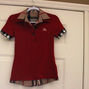 Burberry womens Red Nova Check Plaid Trim Polo Collar Top Size Small Fits XS S